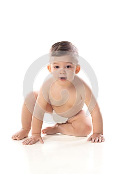 Funny child baby boy toddler naked in diaper