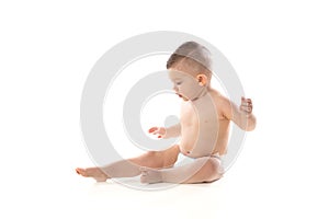 Funny child baby boy toddler naked in diaper