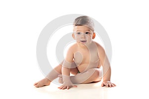 Funny child baby boy toddler naked in diaper