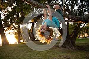 Funny child climbing a tree in the garden. Active kid playing outdoors. Portrait of cute kid boy sitting on the branch