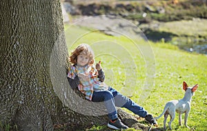 Funny child with dog walking at spring lawn in the park outdoor. Kids insurance. Pretty little cute child baby boy, play