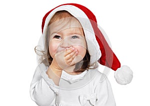 Funny child laugh dressed santa hat, isolated on white photo