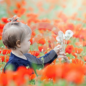 Funny child outdoor at poppy field
