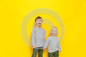 A funny childhood of two boys who grimace and tease, showing their tongues. Portrait on a colored background.