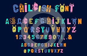 Funny childish alphabet, doodle creative font for kids. Playful english abc letters and numbers. Typography in