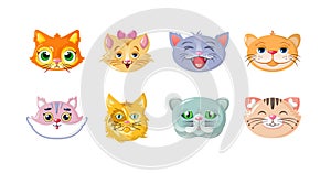 Funny childish cat muzzle set. Cute kitty faces heads confident and smiling