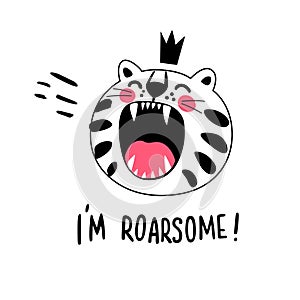 Funny childish clothes print white tiger muzzle with inscription I'm roarsome vector illustration