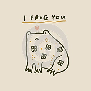 Funny childish cute friendly baby frog minimalist illustration in kawaii style