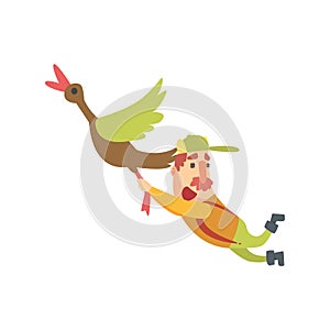 Funny Childish Hunter Character With Moustache Flying Away Carried By Duck Cartoon Vector Illustration