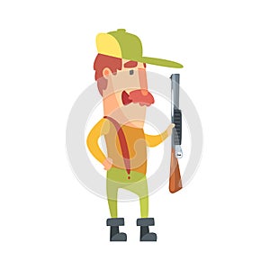 Funny Childish Hunter Character With Moustache Holding A Gun Cartoon Vector Illustration
