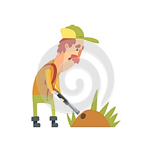 Funny Childish Hunter Character With Moustache Putting The Gun Into The Burrow Cartoon Vector Illustration