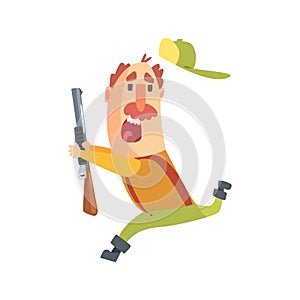 Funny Childish Hunter Character With Moustache Running Away Scared Cartoon Vector Illustration
