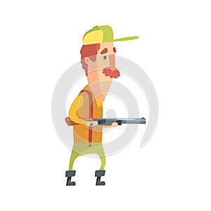 Funny Childish Hunter Character With Moustache Tiptoeing Cartoon Vector Illustration
