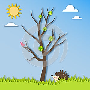 Funny Childish illustration with Spring Landscape in Paper Cut style. Hedgehog sits in the grass under a tree.