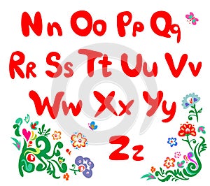 Funny childish red font and flowers border. Alphabet in style of comic, part 2