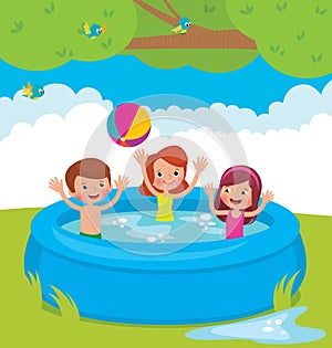 Funny children bathing in the outdoor pool