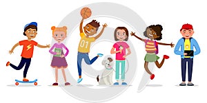 Funny children cartoon characters vector illustration in flat design. Girls and boys doing activities, walking, jumping