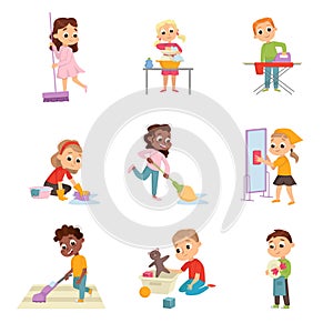 Funny Children Doing Housecleaning Mopping the Floor and Washing Dishes Vector Set