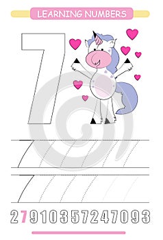 Funny children flashcard number seven. Unicorn with hearts learning to count and to write. Coloring printable worksheet for kinder