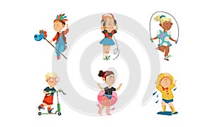 Funny Children Jumping Rope, Listening to Music and Riding Scooter Vector Set