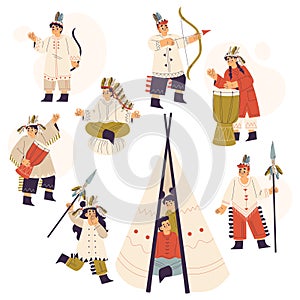 Funny Children Playing Indians Dressed in Injun Costume Vector Set