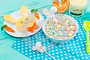 Funny children`s Breakfast at Easter