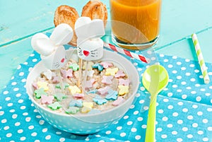 Funny children`s Breakfast at Easter