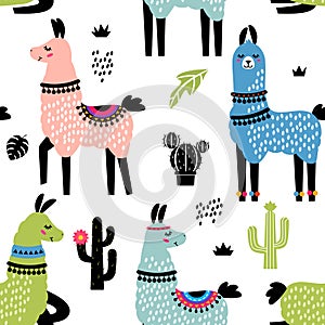 Funny children`s textile pattern for printing fabrics. Seamless pattern with llama alpaca, cactus in cartoon style. flat vector photo