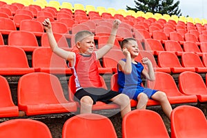 Funny children sit in the sports stands and cheer for the team. two brothers