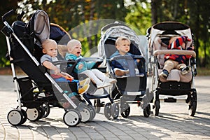 Funny children sitting in strollers in park