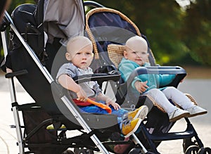 Funny children sitting in strollers in park