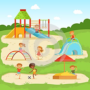 Funny children at summer playground. Kids playing in park. Vector illustration