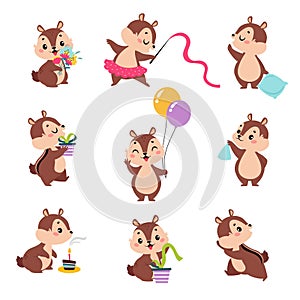 Funny Chipmunk Character with Cute Snout Engaged in Different Activity Vector Set