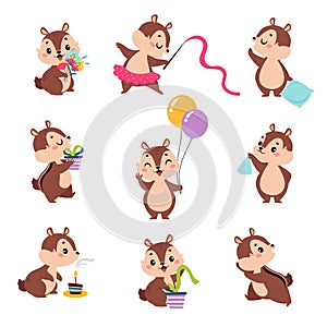 Funny Chipmunk Character with Cute Snout Engaged in Different Activity Vector Set photo