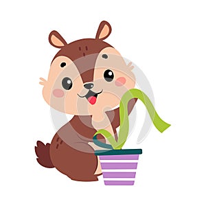Funny Chipmunk Character with Cute Snout Unwrap Gift Box Vector Illustration