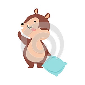 Funny Chipmunk Character with Cute Snout Yawning Hold Pillow Vector Illustration