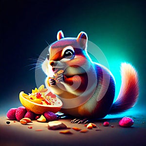 Funny chipmunk eating a bowl of cereals on a dark background AI Generated