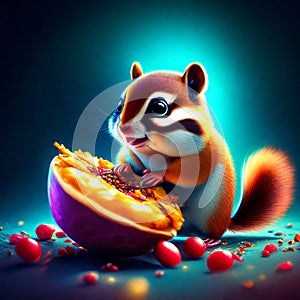 Funny chipmunk eating a pie on a dark background. generative AI