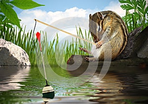 Funny chipmunk fishing, angler concept