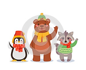 Funny Christmas Animals Waving Hands, Cartoon Characters Penguin, Bear and Raccoon Wear Winter Sweaters and Scarves