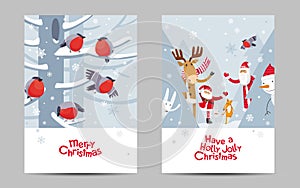 Funny Christmas birds, animals and Santa vector cards