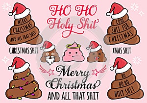 Funny Christmas cards with poop emoji and Santa hat, vector set
