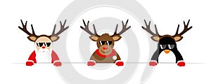 Funny christmas cartoon with cute reindeer santa claus and penguin with sunglasses and antler