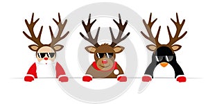 Funny christmas cartoon with cute reindeer santa claus and penguin with sunglasses and antler