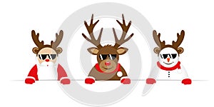 Funny christmas cartoon with cute reindeer santa claus and snowman with sunglasses and antler