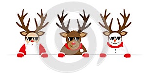 Funny christmas cartoon with cute reindeer santa claus and snowman with sunglasses and antler