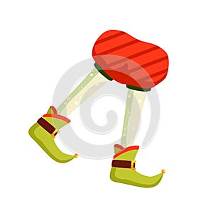 Funny christmas elf feet flat vector illustration. Santa claus helper cartoon character. Elfin legs in traditional xmas photo