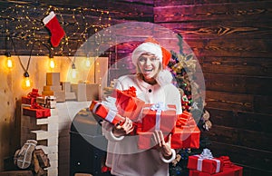 Funny christmas girl. Positive human emotions facial expressions. Christmas interior. Merry Christmas and Happy New Year