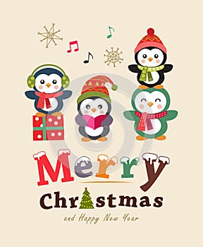 Funny Christmas greeting card poster design. Cute penguins. Vector illustration.