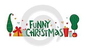 Funny Christmas handwritten lettering sign with Grinch tree and gift boxes. Vector stock illustration isolated on white